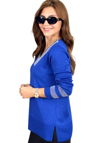 Kadın V Yaka Kol Yaka Simli Kazak 12785 BGL-ST04223 - Resim 8