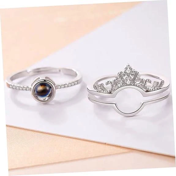 100 Dilde Seni Seviyorum Paslanmaz Çelik Gümüş Renk Kraliçe Tacı Projeksiyon Sevgiliye Özel Çift Yüzük - 5