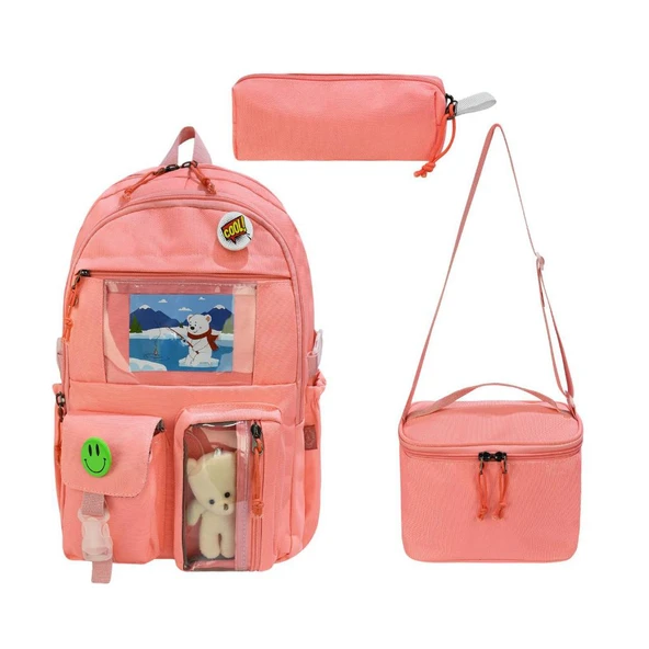 İlkokul Çantası 3'lü Takım Beslenme Çantası Kalemlik 42*30 Cm Anahtarlık ve Rozet Hediyeli - Resim 12