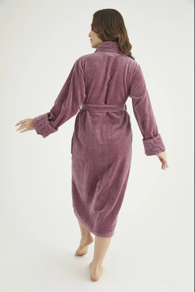 Yaka Jakarlı %100 Cotton Bayan Bornozu - Resim 4