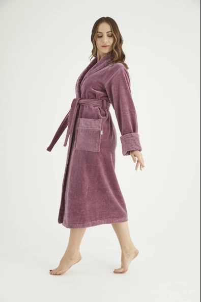 Yaka Jakarlı %100 Cotton Bayan Bornozu - Resim 2