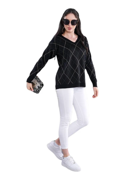 Kadın V Yaka Baklava Dilimi Simli Kazak 12831 BGL-ST04227 - Resim 7