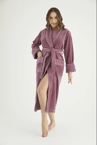 Yaka Jakarlı %100 Cotton Bayan Bornozu ürün görseli