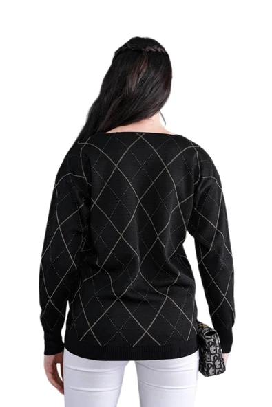 Kadın V Yaka Baklava Dilimi Simli Kazak 12831 BGL-ST04227 - Resim 8