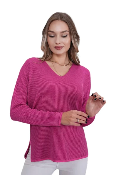 Kadın V Yaka Yaka Simli Kazak 12815 BGL-ST04225 - Resim 4