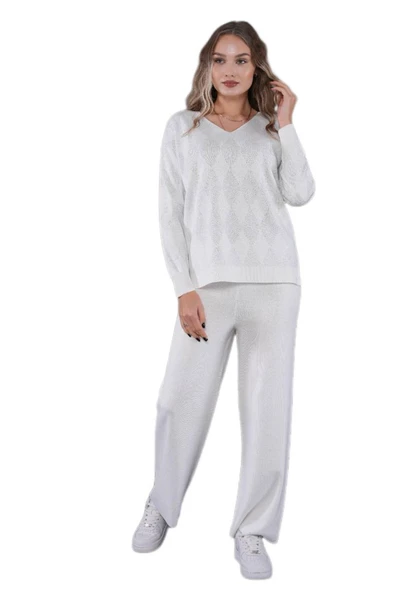 Kadın V Yaka Yaka Baklava Dilimi Simli Kazak 12819 BGL-ST04226 - Resim 3