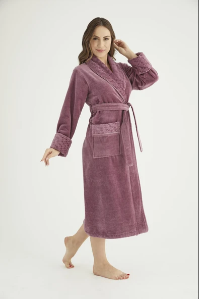 Yaka Jakarlı %100 Cotton Bayan Bornozu - Resim 3