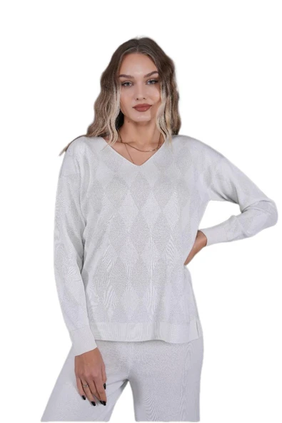 Kadın V Yaka Yaka Baklava Dilimi Simli Kazak 12819 BGL-ST04226 - Resim 2