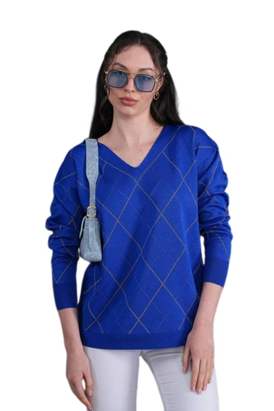 Kadın V Yaka Baklava Dilimi Simli Kazak 12831 BGL-ST04227 - Resim 4