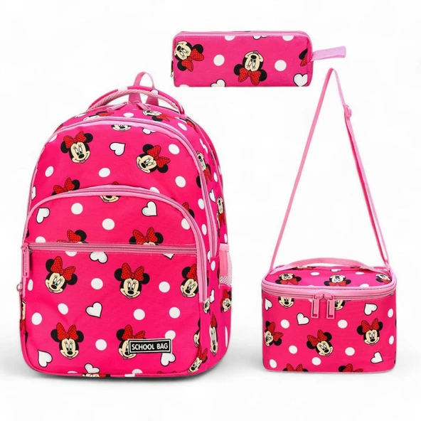 İlkokul Çantası 3'lü Takım Beslenme Çantası Kalemlik 42*30 Cm Kız Çocuk Okul Çantası Minie - Resim 5