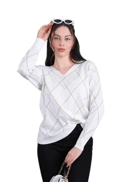 Kadın V Yaka Baklava Dilimi Simli Kazak 12831 BGL-ST04227 - Resim 3