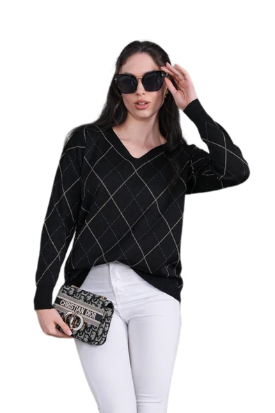 Kadın V Yaka Baklava Dilimi Simli Kazak 12831 BGL-ST04227 - Resim 6