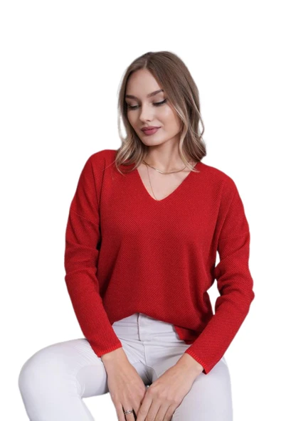 Kadın V Yaka Yaka Simli Kazak 12815 BGL-ST04225 - Resim 3