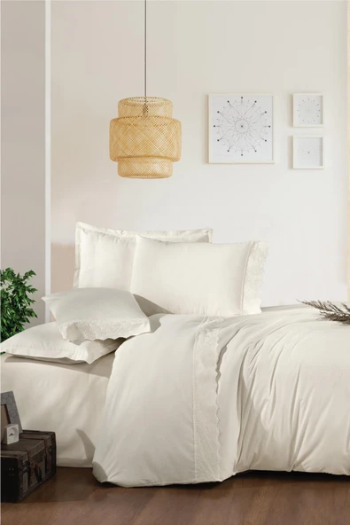 CLASY ÇİFT KİŞİLİK RANFORCE NEVRESİM TAKIMI GİPÜRLÜ EKRU V04 - Resim 2