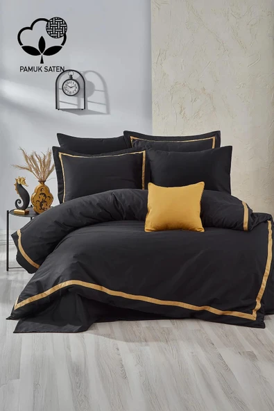 NAZİK SATEN NEVRESİM TAKIMI ÇİFT KİŞİLİK CARİSMA SİYAH HARDAL ürün görseli