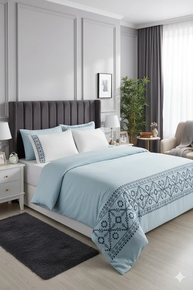 NAKIŞLI PAMUK SATEN NEVRESİM TAKIMI ÇİFT KİŞİLİK AKASH ürün görseli