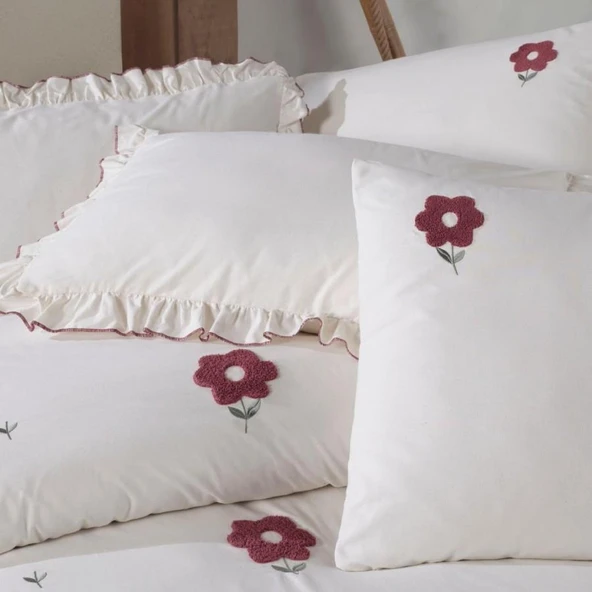 ŞAHESER ÇİFT KİŞİLİK NAKIŞLI NEVRESİM TAKIMI FLORİTA VİŞNE - Resim 2