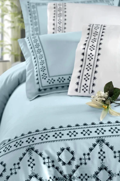 NAKIŞLI PAMUK SATEN NEVRESİM TAKIMI ÇİFT KİŞİLİK AKASH - Resim 2