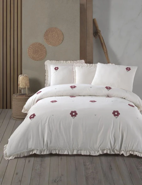 ŞAHESER ÇİFT KİŞİLİK NAKIŞLI NEVRESİM TAKIMI FLORİTA VİŞNE - Resim 3