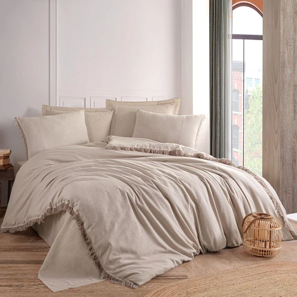 PRİVATE ÇİFT KİŞİLİK NEVRESİM TAKIMI İPLİĞİ BOYALI BEJ ürün görseli