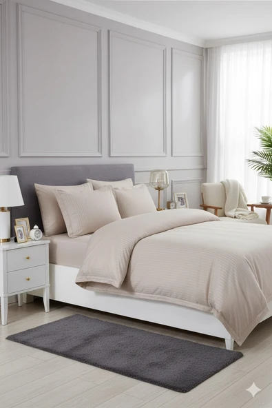 ÇİZGİLİ PAMUK SATEN ÇİFT KİŞİLİK NEVRESİM TAKIMI BEJ ürün görseli