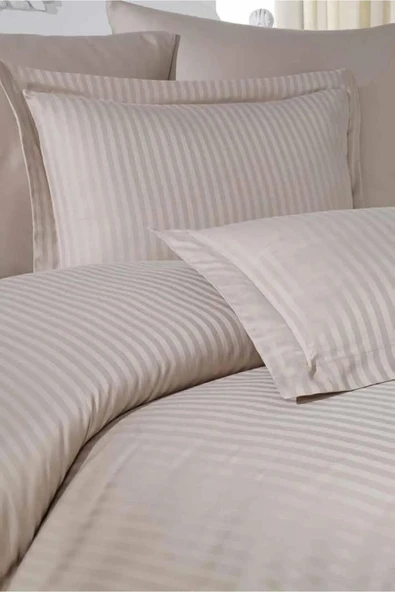 ÇİZGİLİ PAMUK SATEN ÇİFT KİŞİLİK NEVRESİM TAKIMI BEJ - Resim 2