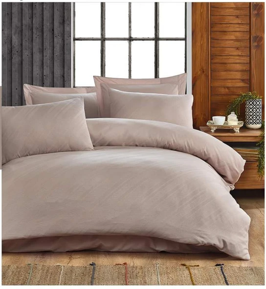 ŞAHESER JAKARLI NEVRESİM TAKIMI ÇİFT KİŞİLİK MARLON BEJ - Resim 2