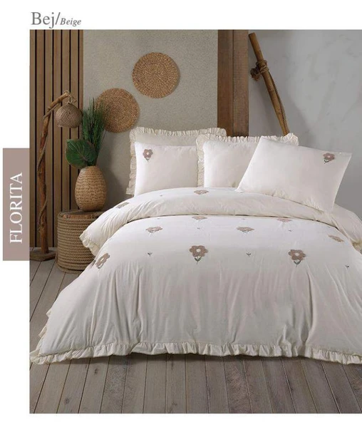 ÇİFT KİŞİLİK NAKIŞLI NEVRESİM TAKIMI FLORİTA BEJ - Resim 4