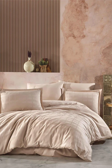 CLASY ÇİZGİLİ SATEN NEVRESİM TAKIMI ÇİFT KİŞİLİK MARSELA BEJ V2 ürün görseli