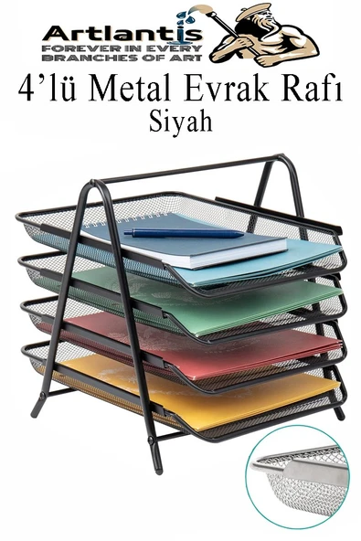 Evrak Rafı Metal 4 lü 1 Paket Masa Üstü A4 Dosya Düzenleyici Kağıt Tepsisi Metal Fileli Dört Katlı Hareketli Perfore - 2