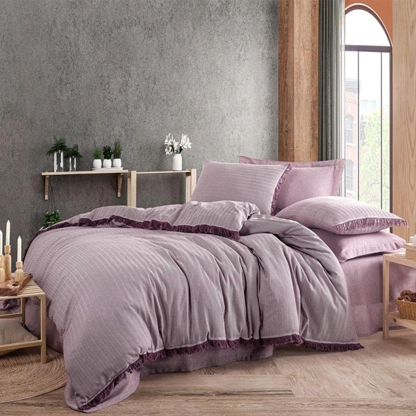 PRİVATE ÇİFT KİŞİLİK NEVRESİM TAKIMI İPLİĞİ BOYALI MOR ürün görseli