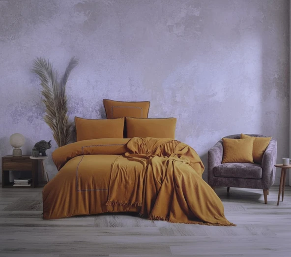 MİLUE ÇİFT KİŞİLİK PİKELİ NAKIŞLI NEVRESİM TAKIMI HARDAL - Resim 2