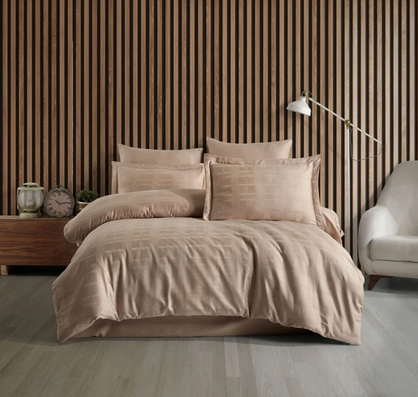 HOBBY ÇİFT KİŞİLİK PAMUK SATEN NEVRESİM TAKIMI EKOSE BEJ - Resim 3