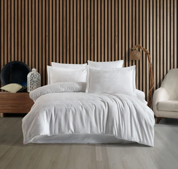 HOBBY ÇİFT KİŞİLİK PAMUK SATEN NEVRESİM TAKIMI EKOSE BEYAZ - Resim 2