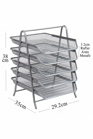 5 li Metal Evrak Rafı Gri 1 Paket Masaüstü A4 Dosya Düzenleyici Kağıt Tepsisi Metal Çelik Fileli Beş Katlı Hareketli - 2