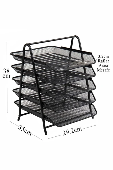 5 li Metal Evrak Rafı Siyah 1 Paket Masaüstü A4 Dosya Düzenleyici Kağıt Tepsisi Metal Çelik Fileli Beş Katlı Hareketli - 2
