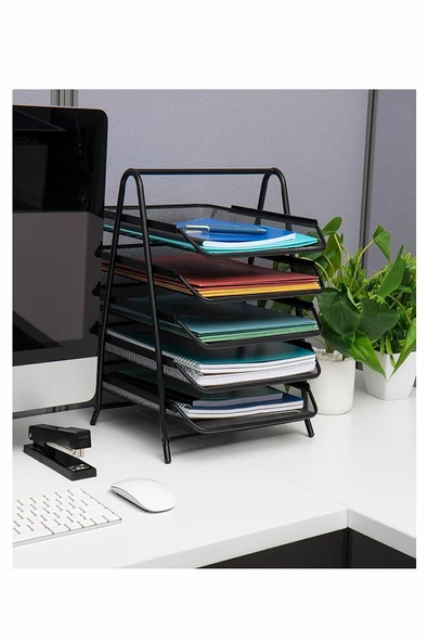 5 li Metal Evrak Rafı Siyah 1 Paket Masaüstü A4 Dosya Düzenleyici Kağıt Tepsisi Metal Çelik Fileli Beş Katlı Hareketli - 3