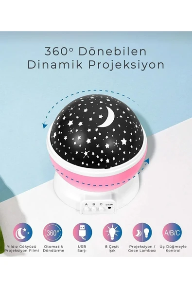 Tavana Işık Yansıtmalı Gece Lambası Dönen Yıldız Ay Projeksiyon Oda Lambası Işık Küresi-Star Master - 6