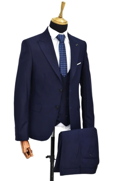 Erkek Lacivert Silim Fitt Yelekli Takım Elbise BGL-ST04304 - Resim 7