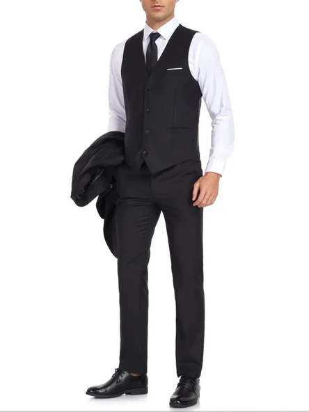 Erkek Lacivert Silim Fitt Yelekli Takım Elbise BGL-ST04304 - Resim 4