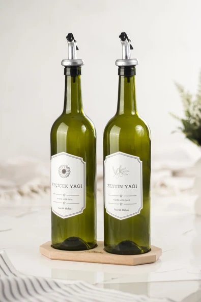 Bambu Standlı 2'li 750 ml Zeytinyağı & Sıvı yağ Şişesi & Yağlık Sirkelik Seti (Damlatmaz) - 2
