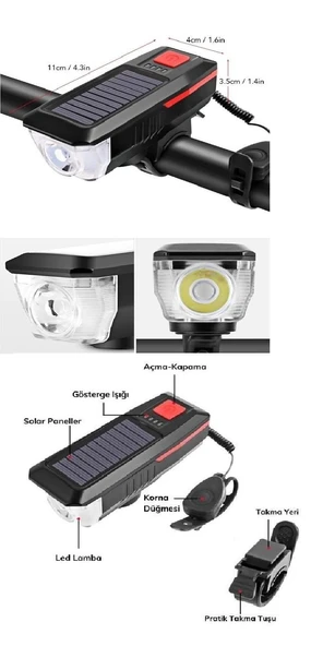 Solar Ledli Bisiklet Feneri Kornalı  USB ile Şarj Edilebilir  Su Geçirmez Far - 5