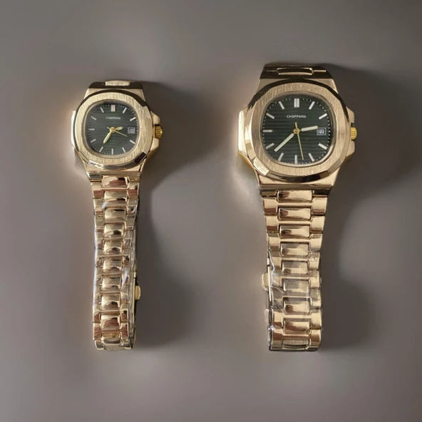 Gold Renk Kordon Yeşil Kadran Premium Seri Çift Kol Saati Seti: Şık ve Dayanıklı Tasarım
