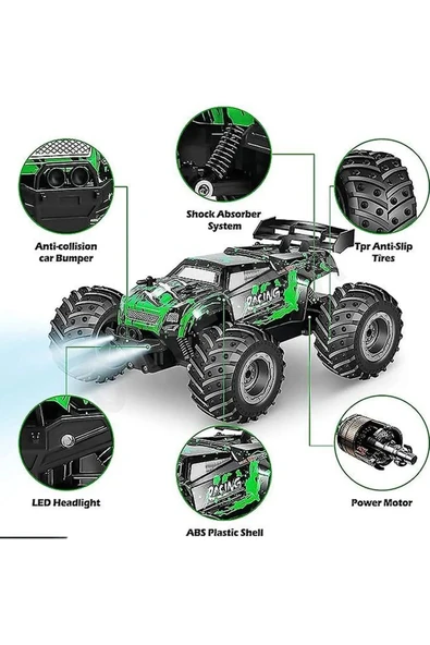 Uzaktan Kumandalı Full Fonksiyon 2.4G 1:18 Şarjlı High Off Road Araba Led Işıklı - 5