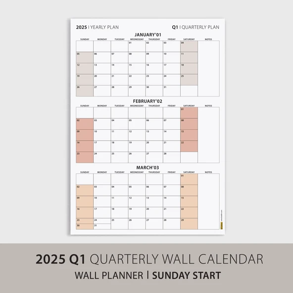 Amerikan Standardı Takvim, Üç Aylık Planlayıcı 2025 Duvar Takvimi, Ocak - Mart 2025, 90 Günlük Planlama, Yılın Birinci Ç - 3