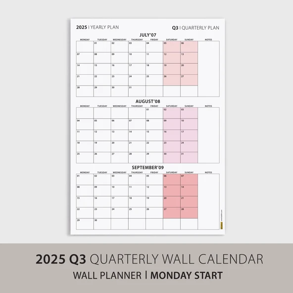 Üç Aylık Planlayıcı 2025 Duvar Takvimi, Temmuz - Eylül 2025, 90 Günlük Planlama, Yılın Üçüncü Çeyreği Takvimi - 35x50cm - 3