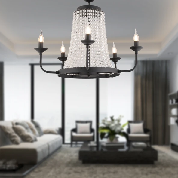 Apliqa Carnation 5'li Siyah Kristalli Taşlı Modern Tasarım Kristal Salon Avize