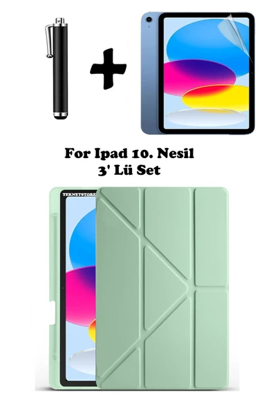 İpad 10. Nesil Kılıf/Ekran Koruyucu/Kalem Seti Silikon Arka Kapak Stand Olan Uyku Modlu Case  Açık Yeşil - 2