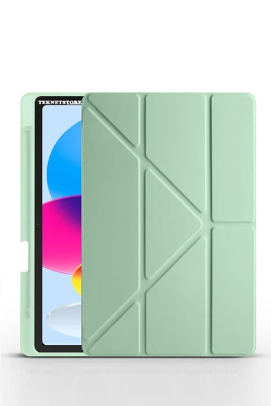 İpad 10. Nesil Kılıf/Ekran Koruyucu/Kalem Seti Silikon Arka Kapak Stand Olan Uyku Modlu Case  Açık Yeşil - 3