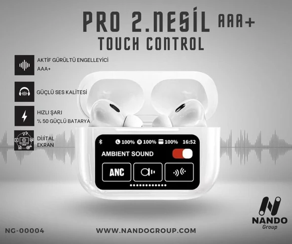 AirPro2 Dokunmatik Ekranlı PREMIUM ANC AAA+ Güçlendirilmiş Bluetooth 5.2 Kulaklık Ios Android Uyumlu